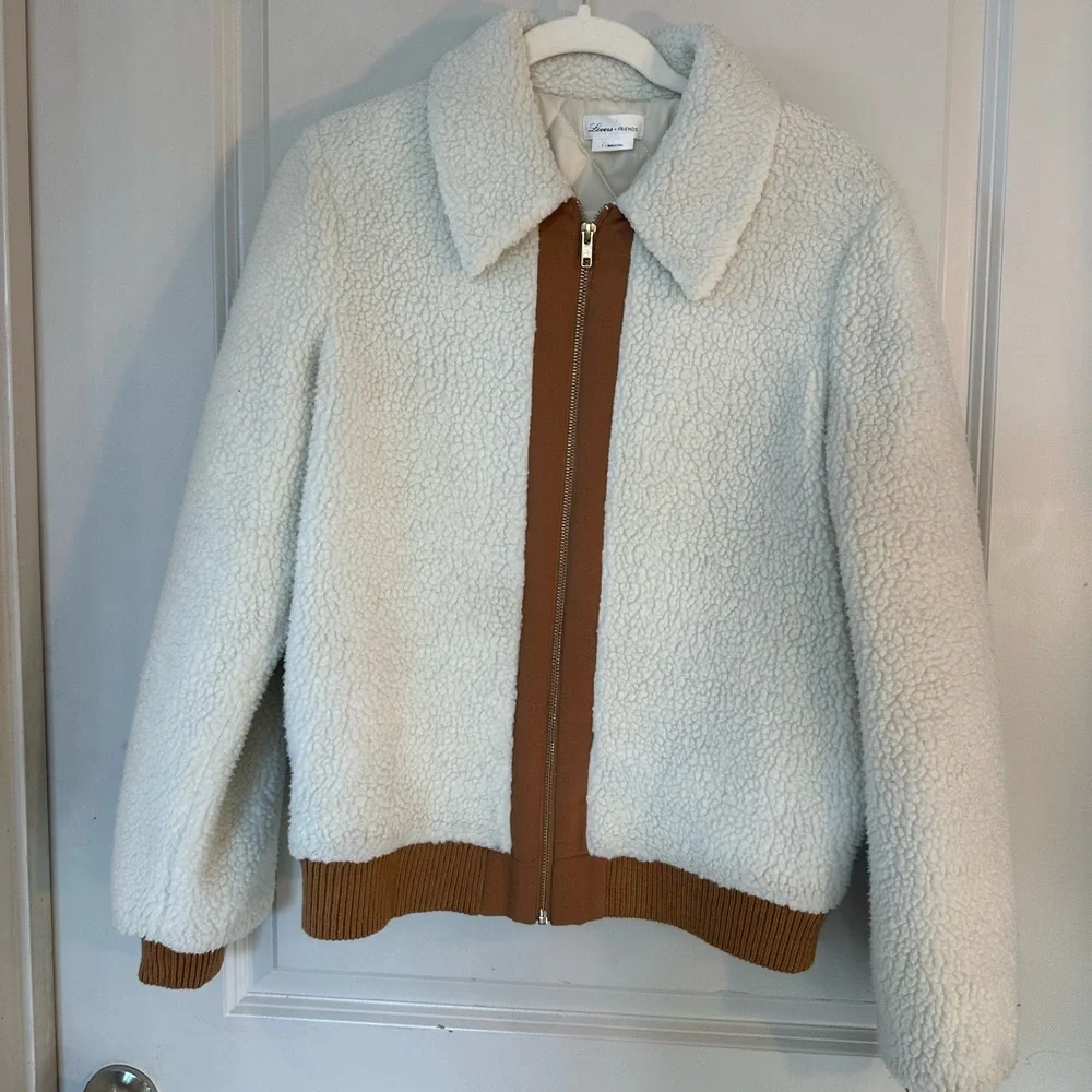 Revolve Lovers + Friends Simone Faux Fur Sherpa Ivory & Tan Bomber Jacket,Small - Picture 4 of 10